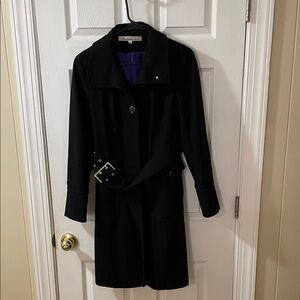 Kenneth Cole New York Black Trench Coat with Vibrant Purple Lining